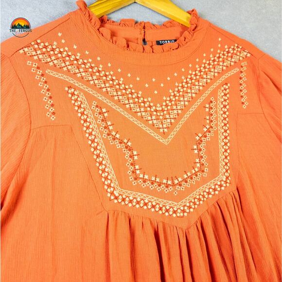 Torrid Blouse Top Orange Crinkle Gauze Embroidered Keyhole Plus Women's Size 2X - Picture 3 of 9